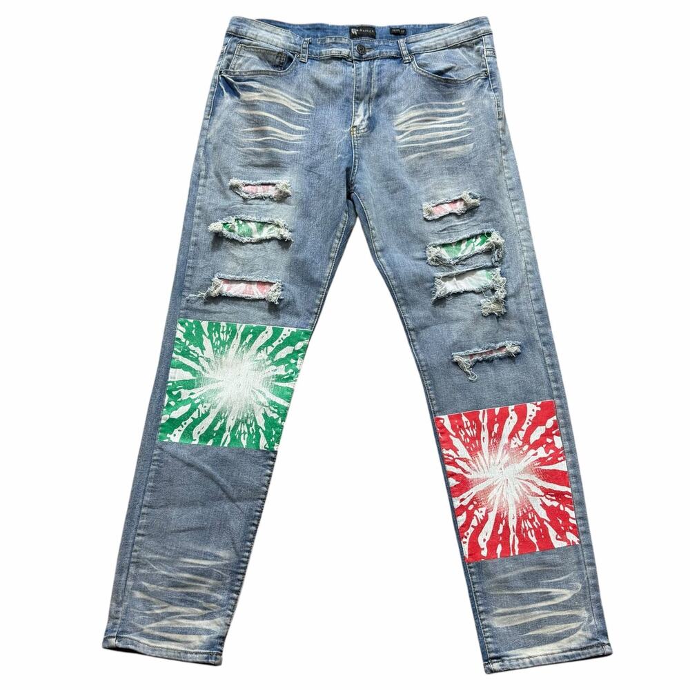 Waimea Mens Distressed Graffiti Patchwork Skinny Fit Blue Denim Jeans Size 38
